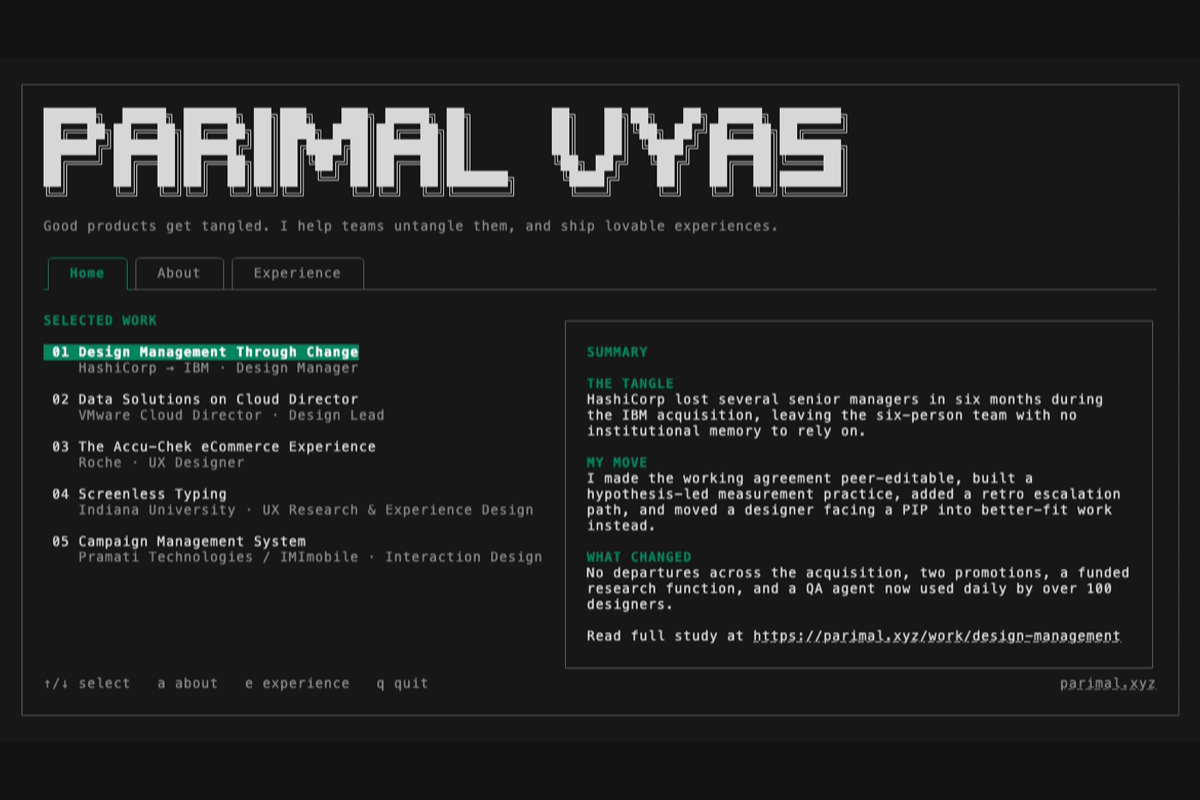 The SSH portfolio rendered in a terminal, showing an ASCII wordmark, tabbed navigation, and a numbered index of projects beside a summary pane.
