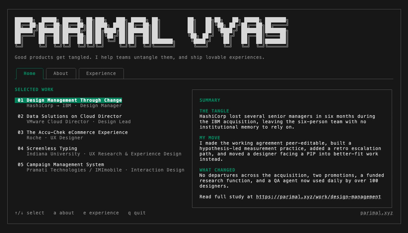 The SSH portfolio: an ASCII wordmark reading PARIMAL VYAS, the identical positioning sentence beneath it, tabs for Home, About and Experience, a numbered index of five projects on the left, and the selected project's summary on the right.