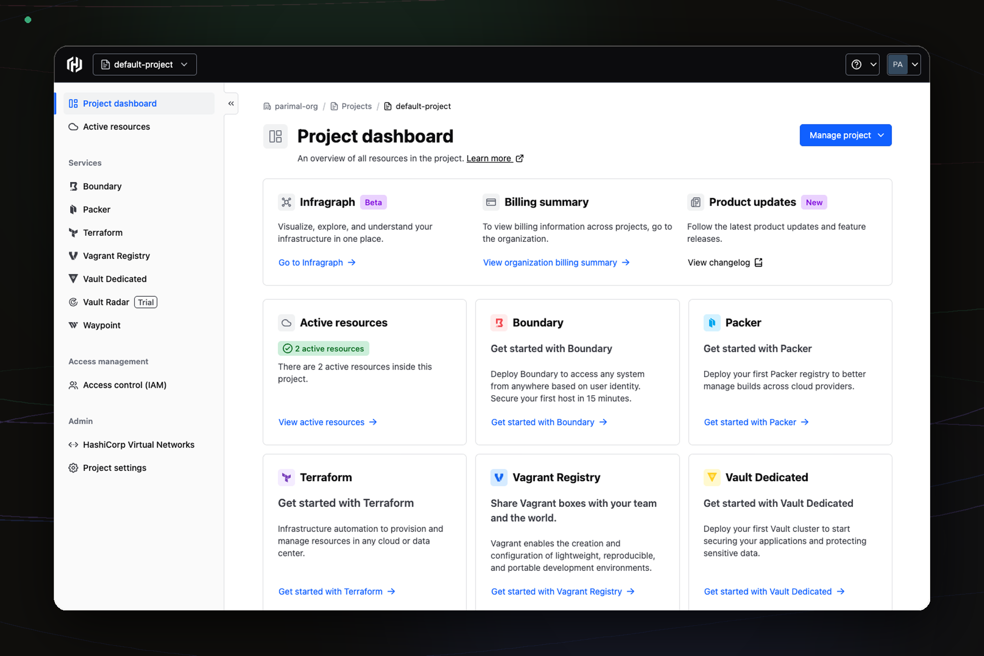 Integrated Role-Based Access Control — HCP organization dashboard, floating on a dark field with abstract accent-color linework
