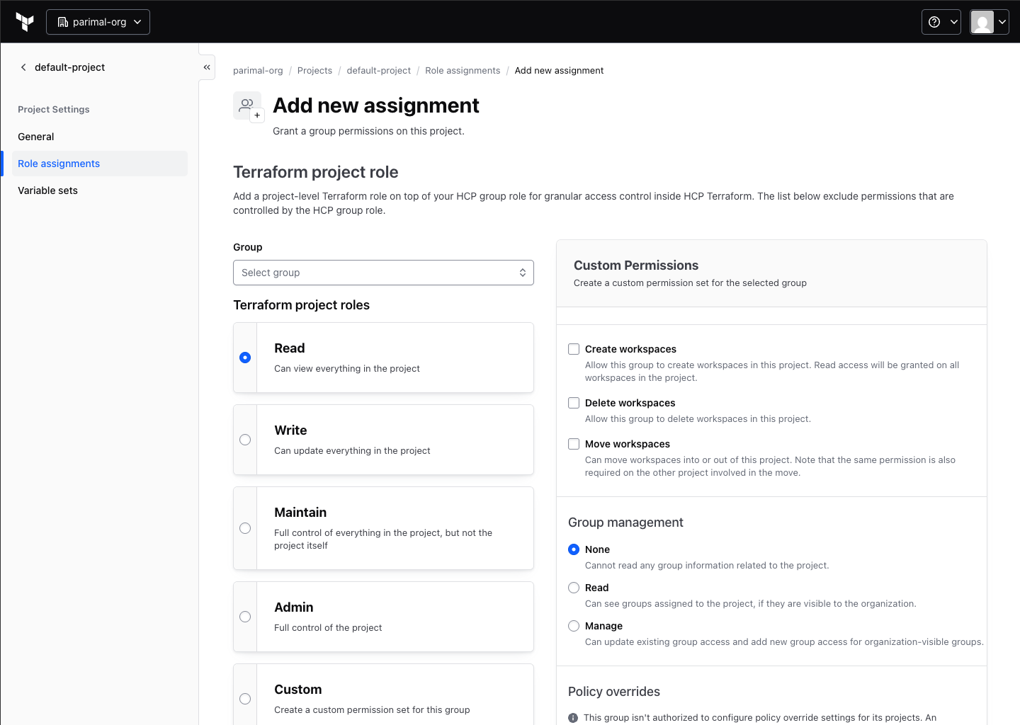 Existing role-assignment screens, before this work — Terraform